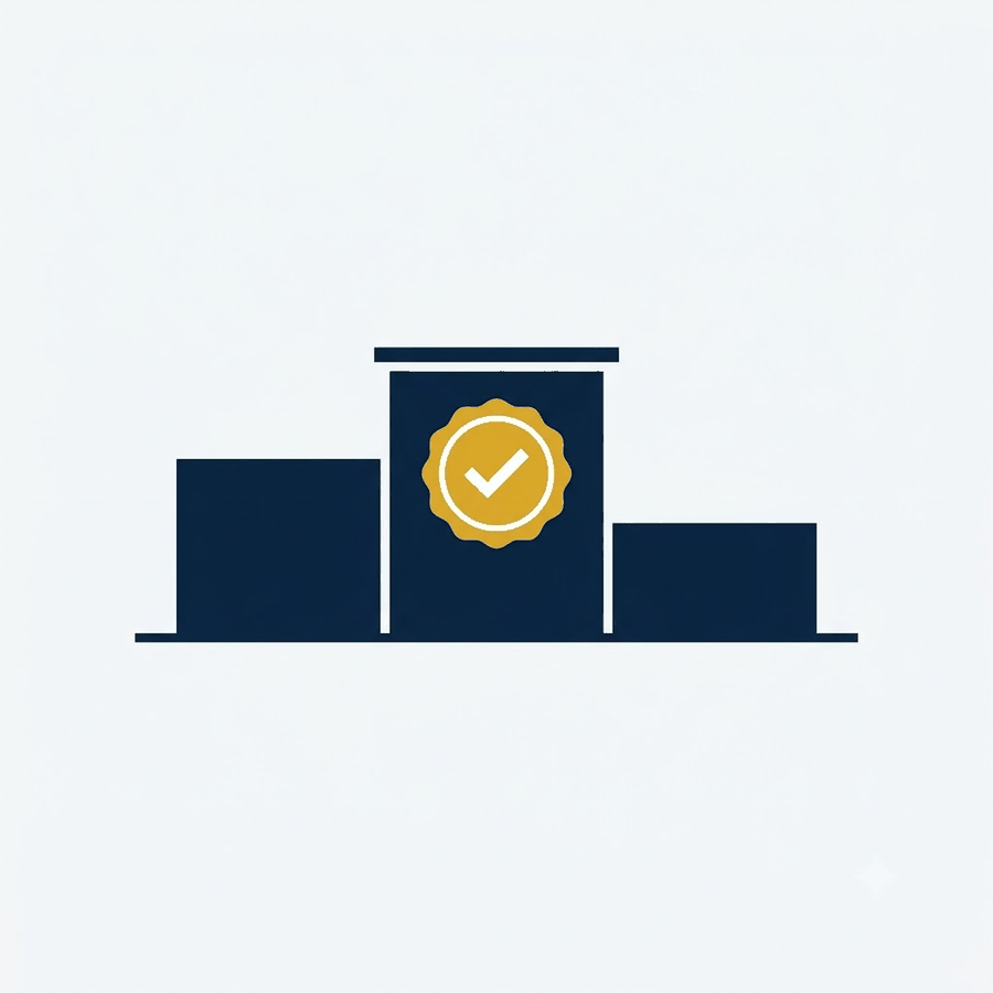 Ilustração de um pódio com três posições; a posição central, mais alta, traz um selo dourado com marca de aprovação.