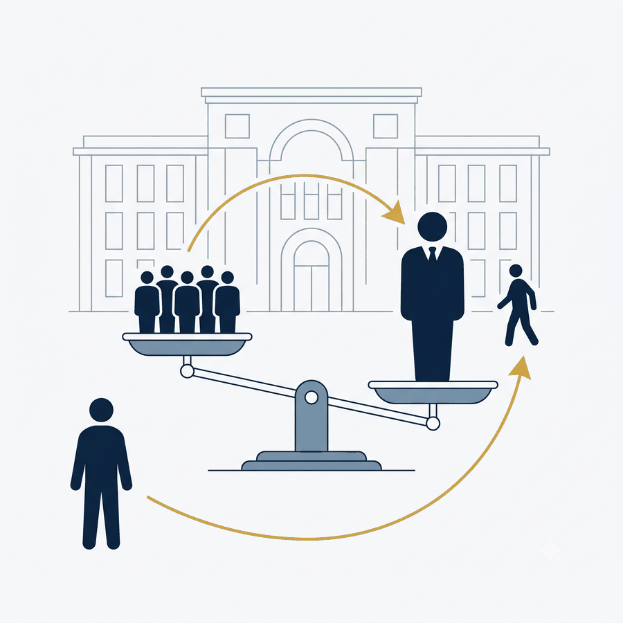 Ilustração de uma balança: de um lado um grupo de pessoas associado a um prédio público; do outro, uma autoridade em pé sobre a balança.