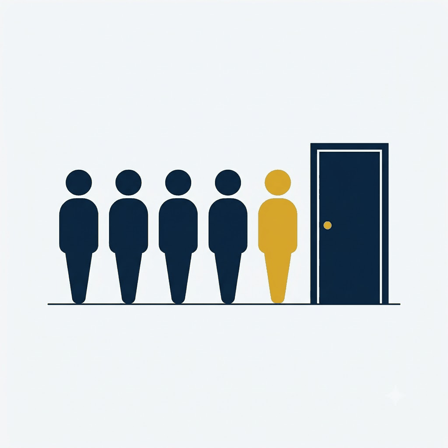 Ilustração de uma fila de pessoas diante de uma porta; a pessoa mais próxima da porta está destacada em dourado.