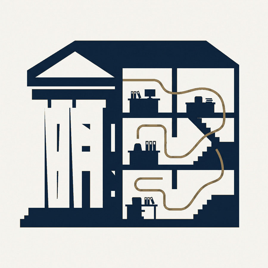 Ilustração de um edifício público em corte, com uma linha dourada percorrendo os três pavimentos por dentro.