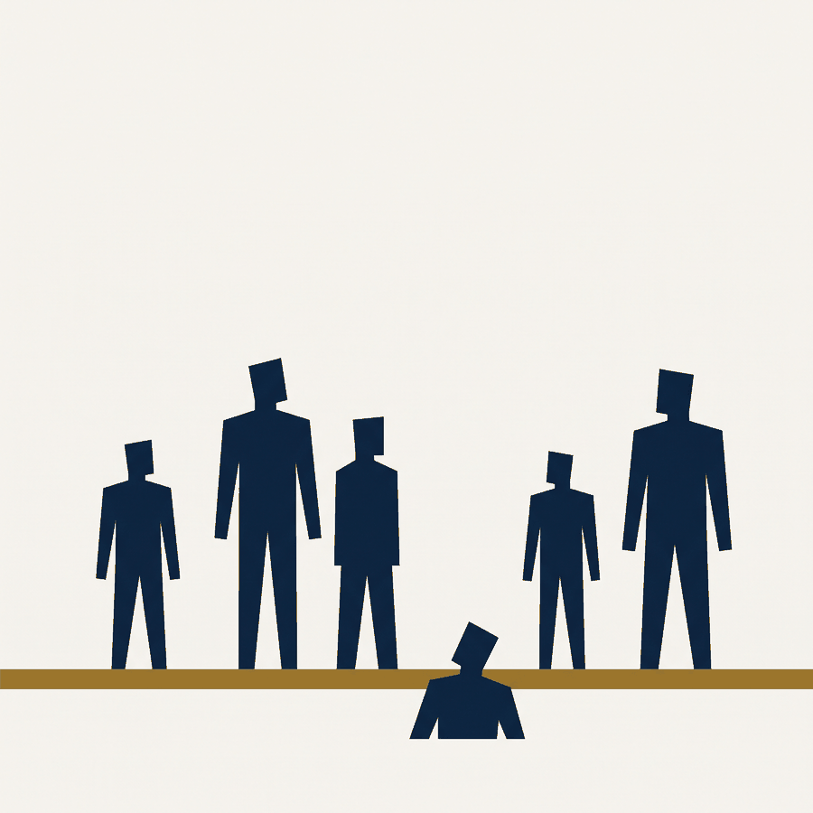 Ilustração de figuras humanas apoiadas sobre uma linha dourada horizontal, e uma delas abaixo da linha.