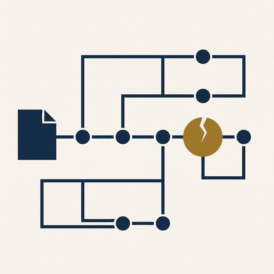 Ilustração de um percurso geométrico partindo de um documento, com um ponto dourado fraturado no caminho.
