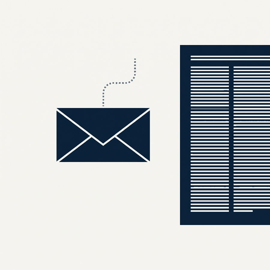 Ilustração de um envelope fechado com uma linha pontilhada dourada que termina no vazio, ao lado de uma página de diário oficial.