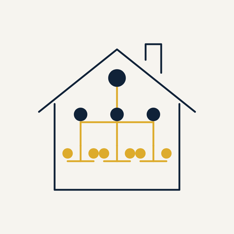 Ilustração: uma casa em traço fino e, dentro dela, uma árvore genealógica com uma linha dourada ligando as gerações.