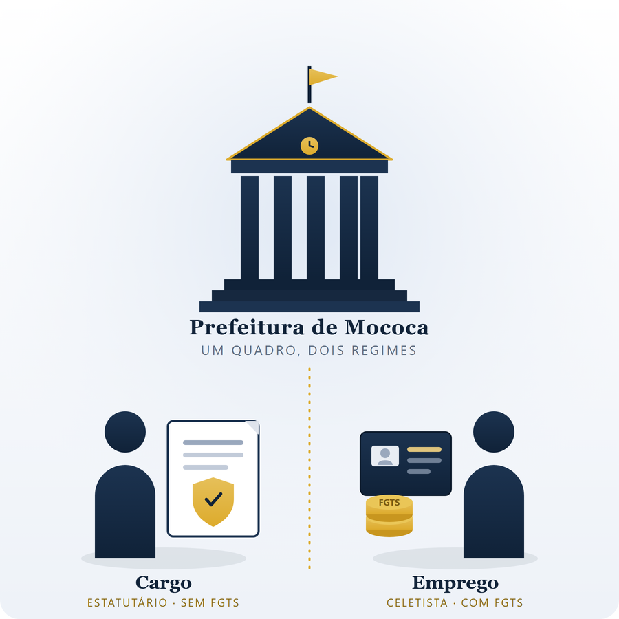 Ilustração da Prefeitura de Mococa com dois caminhos: à esquerda o cargo estatutário, com um documento e um escudo; à direita o emprego celetista, com uma carteira de trabalho e moedas de FGTS.