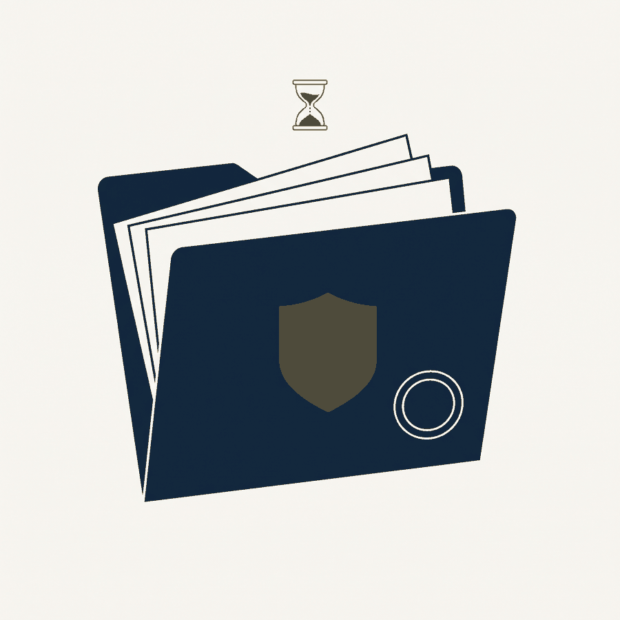 Ilustração de uma pasta de processo com um escudo e uma ampulheta, em azul-marinho e dourado.